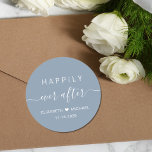Happily Ever After Dusty Blue Wedding Classic Round Sticker<br><div class="desc">Chic dusty blue sticker for your wedding and reception invitations,  save the dates,  rehearsal dinner,  engagement parties,  couples showers and other wedding celebrations featuring "Happily Ever After" in simple modern white typography and an elegant white script with swashes,  your first names joined by a heart and your wedding date.</div>