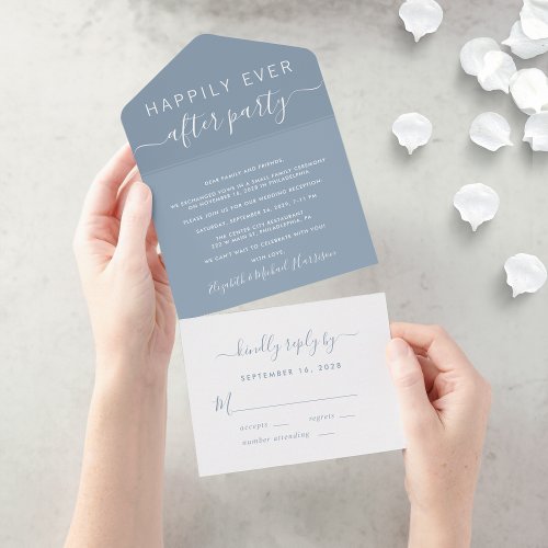 Happily Ever After Dusty Blue Wedding Reception All In One Invitation
