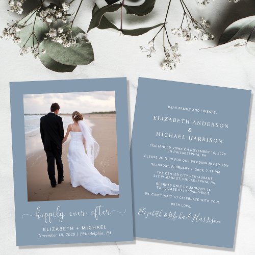 Happily Ever After Dusty Blue Wedding Reception Invitation