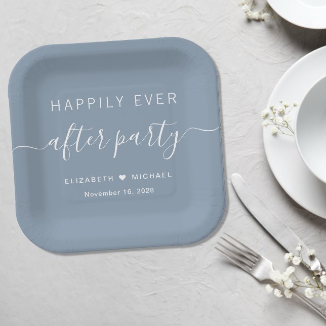 Happily Ever After Dusty Blue Wedding Reception Paper Plates (Creator Uploaded)