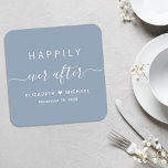 Happily Ever After Dusty Blue Wedding Square Paper Coaster<br><div class="desc">Chic dusty blue paper coaster for your wedding reception,  rehearsal dinner,  engagement parties,  couples showers and other wedding celebrations with "Happily Ever After" in a mix of white simple typography and a swash script,  your first names joined by a heart and your wedding date.</div>