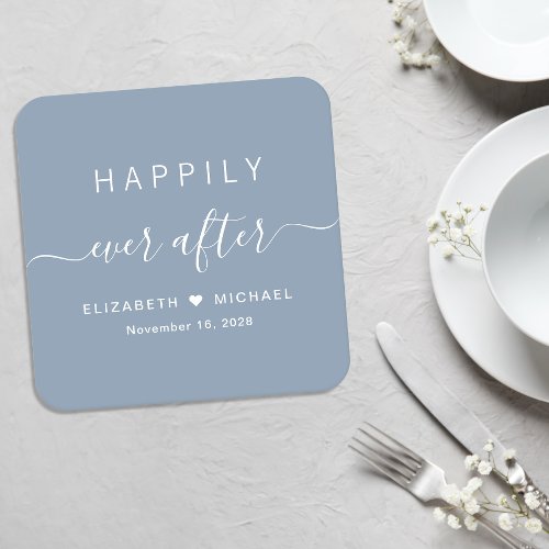 Happily Ever After Dusty Blue Wedding Square Paper Coaster