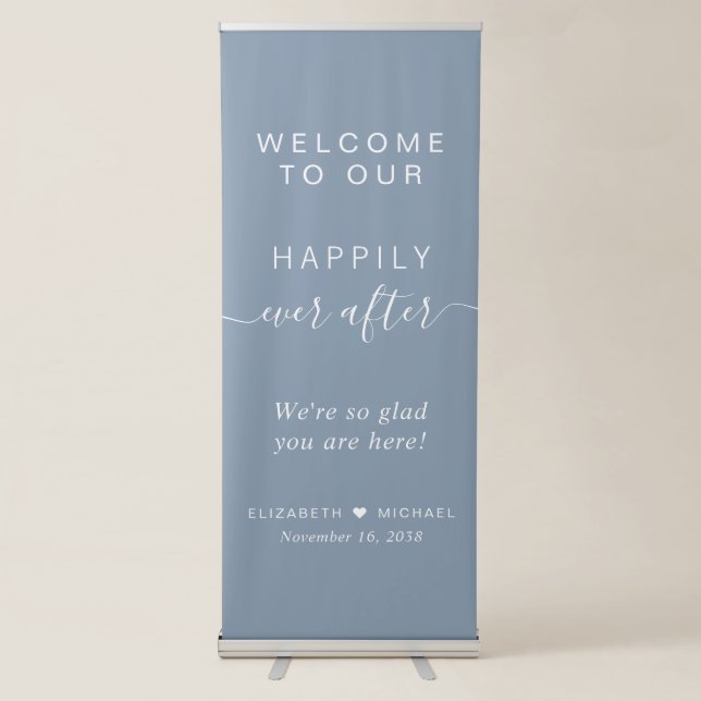 Happily Ever After Dusty Blue Wedding Welcome Retractable Banner (Front)