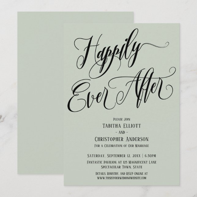 Happily Ever After Elaborate Script Sage Green Invitation (Front/Back)