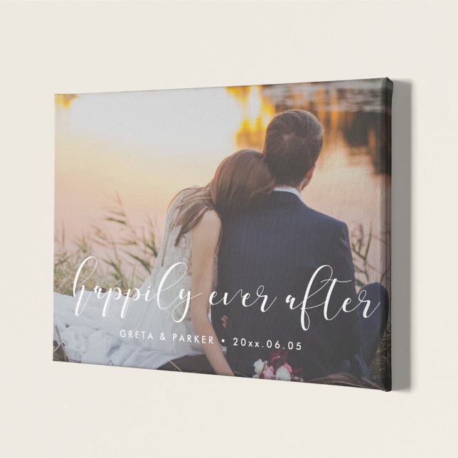 Happily ever after elegant overlay wedding photo faux canvas print (Creator Uploaded)