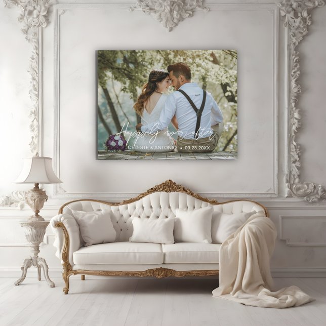 Happily ever after elegant overlay wedding photo faux canvas print (Creator Uploaded)