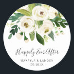 Happily Ever After Elegant White Floral Wedding Classic Round Sticker<br><div class="desc">Floral wedding favor stickers with a top border featuring hand painted watercolor white roses and greenery with the message, "Happily Ever After" in a lovely handwritten script and your names and date below. These elegant stickers are perfect for a garden wedding in the summer and are a great way to...</div>