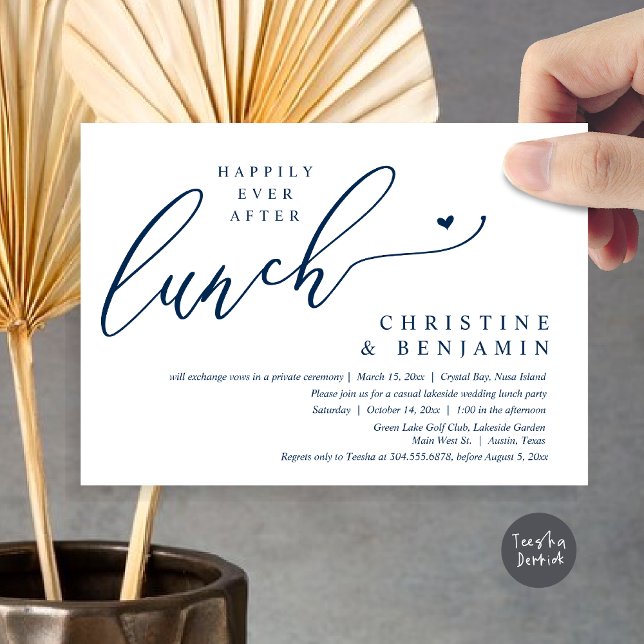 Happily Ever After Elopement Lunch Celebration Invitation (Happily ever After Lunch Invitation Card, PDF, Post Wedding Elopement, In Navy Blue)