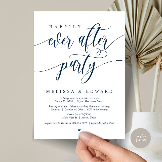 Happily Ever After Elopement Party, Navy Blue Invitation (Happily Ever After Elopement Party Invitation Card, PDF, Modern Wedding Dinner, in Navy Blue)