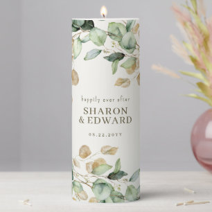Happily Ever After Eucalyptus Green & Gold Wedding Pillar Candle