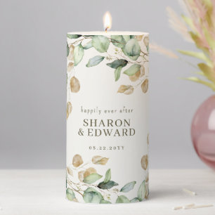 Happily Ever After Eucalyptus Green & Gold Wedding Pillar Candle