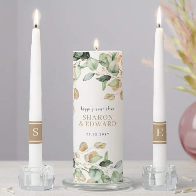 Happily Ever After Eucalyptus Green & Gold Wedding Unity Candle Set (In Situ)