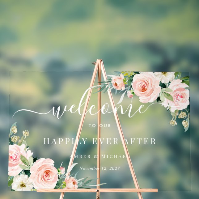 Happily Ever After Floral Wedding Acrylic Sign (Neutral)