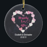 Happily Ever After Glittery Pink Hearts Wedding Ceramic Ornament<br><div class="desc">A wedding ornament with a romantic illustration of a bunch of little pink hearts with gold glitter forming a heart-shaped frame. Inside it says "Happily Ever After" in a trendy handwritten style font. Set on a black chalkboard background. Personalize with the bride and groom's names and wedding date.</div>