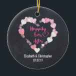 Happily Ever After Glittery Pink Hearts Wedding Ceramic Ornament<br><div class="desc">A wedding ornament with a romantic illustration of a bunch of little pink hearts with gold glitter forming a heart-shaped frame. Inside it says "Happily Ever After" in a trendy handwritten style font. Set on a black chalkboard background. Personalize with the bride and groom's names and wedding date.</div>