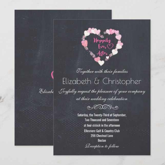 Happily Ever After Glittery Pink Hearts Wedding Invitation (Front/Back)
