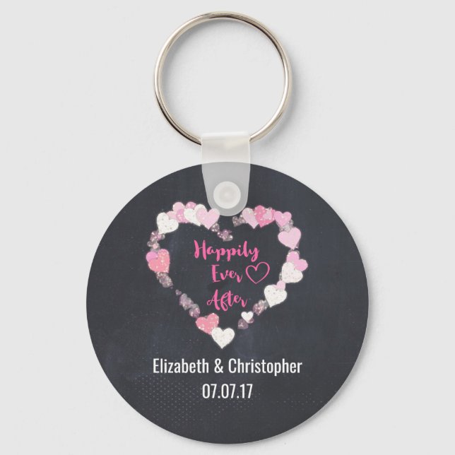 Happily Ever After Glittery Pink Hearts Wedding Keychain (Front)