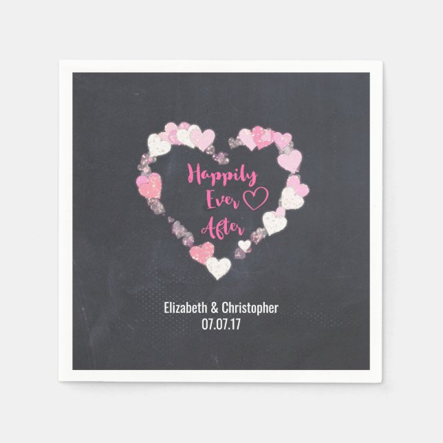 Happily Ever After Glittery Pink Hearts Wedding Paper Napkins (Front)