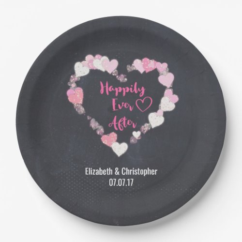 Happily Ever After Glittery Pink Hearts Wedding Paper Plates