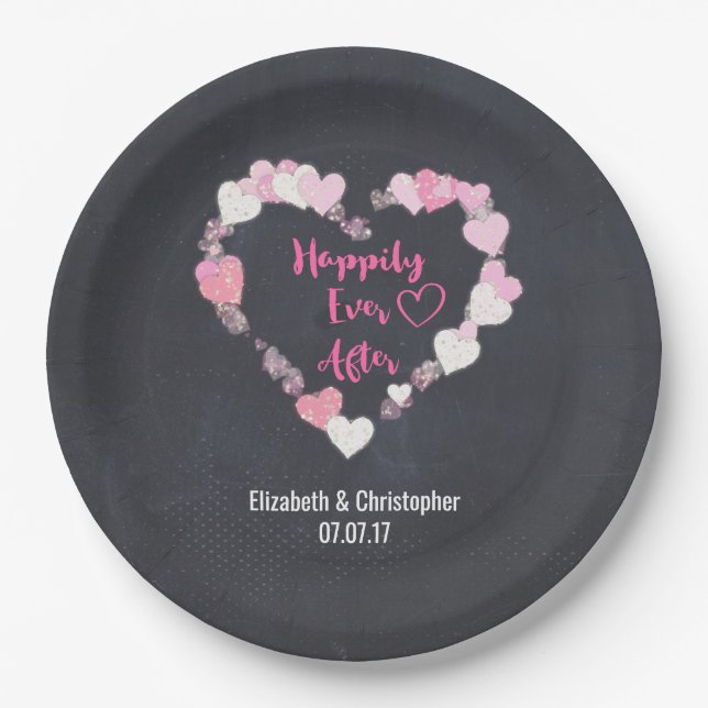 Happily Ever After Glittery Pink Hearts Wedding Paper Plates (Front)