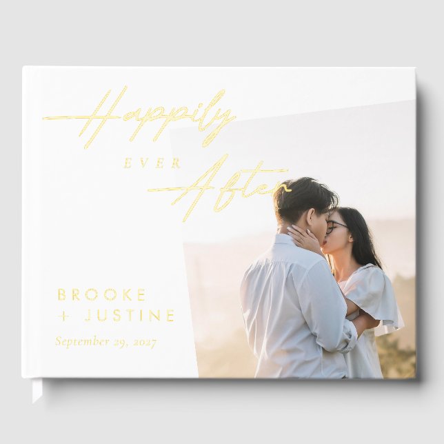 Happily Ever After Gold Foil Photo Wedding Guest Book (Front)