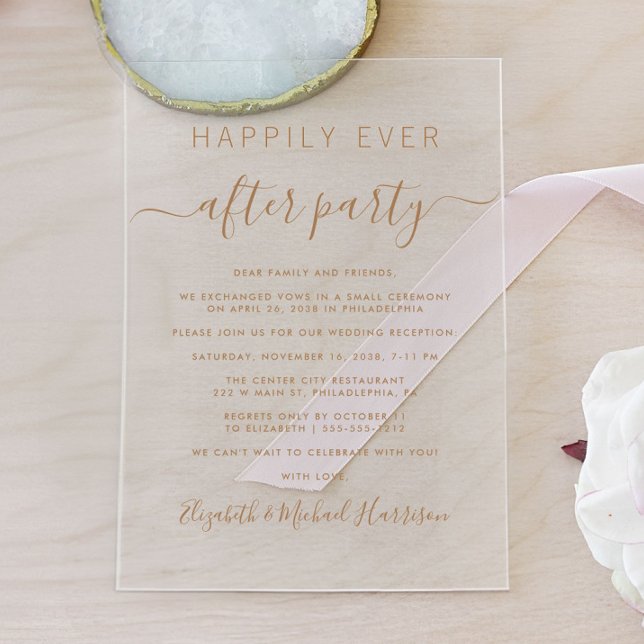 Happily Ever After Gold Script Wedding Reception Acrylic Invitations (Celebrate your Happily Ever After in style with our elegant acrylic wedding reception invitations)