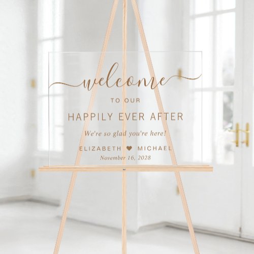 Happily Ever After Gold Script Wedding Welcome Acrylic Sign