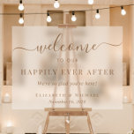 Happily Ever After Gold Wedding Welcome Frosted Acrylic Sign<br><div class="desc">Chic frosted acrylic wedding welcome sign featuring "Welcome To Our Happily Ever After" in a mix of simple modern gold typography and an elegant gold script with swashes,  "We're so glad you're here, " and your names and wedding date.</div>