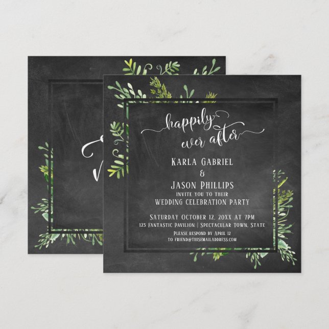 Happily Ever After Greenery Bouquet on Chalkboard Invitation (Front/Back)
