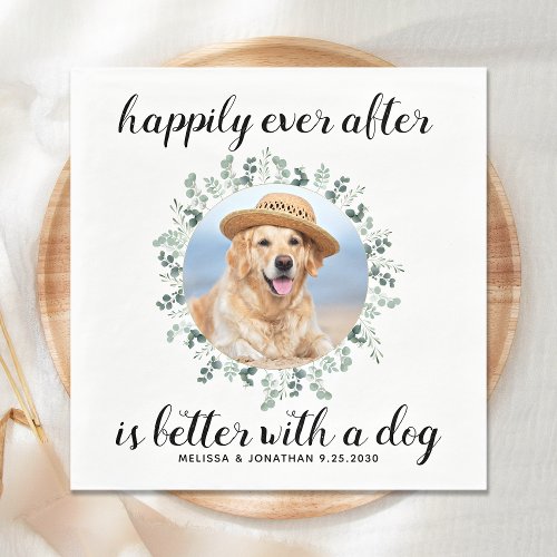 Happily Ever After Greenery Pet Photo Dog Wedding Napkins