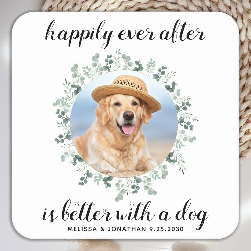 Happily Ever After Greenery Pet Photo Dog Wedding Square Paper Coaster