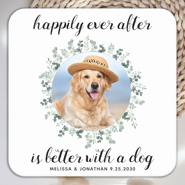 Happily Ever After Greenery Pet Photo Dog Wedding Square Paper Coaster (Creator Uploaded)