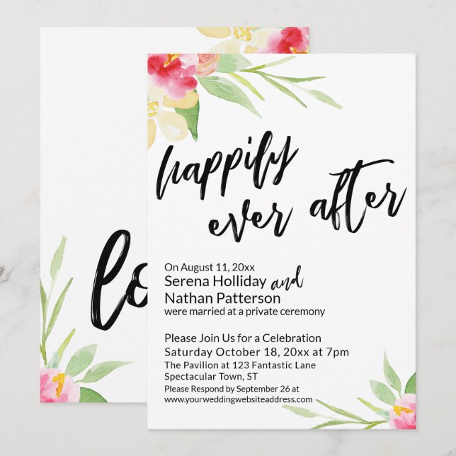 Happily Ever After Handwriting Watercolor Flowers Invitation (Front/Back)