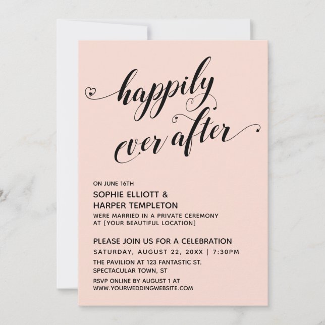 Happily Ever After Hearts Script Blush Reception Invitation (Front)