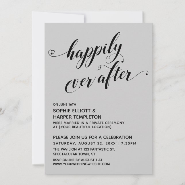 Happily Ever After Hearts Script Gray Reception Invitation (Front)