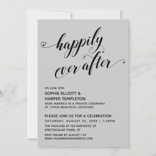 Happily Ever After Hearts Script Gray Reception Invitation
