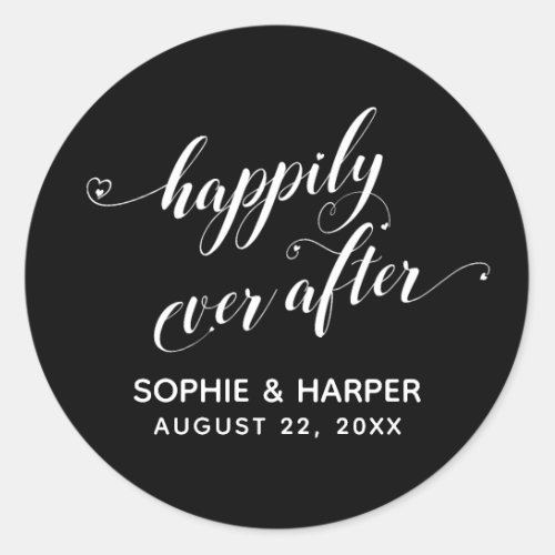 Happily Ever After Hearts Script White on Black Classic Round Sticker