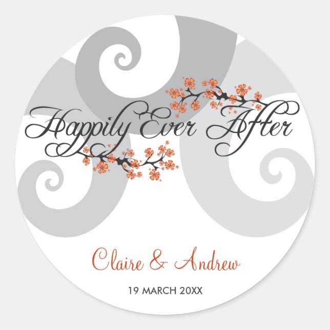 Happily Ever After Hibiscus Spiral Waves Wedding Classic Round Sticker (Front)