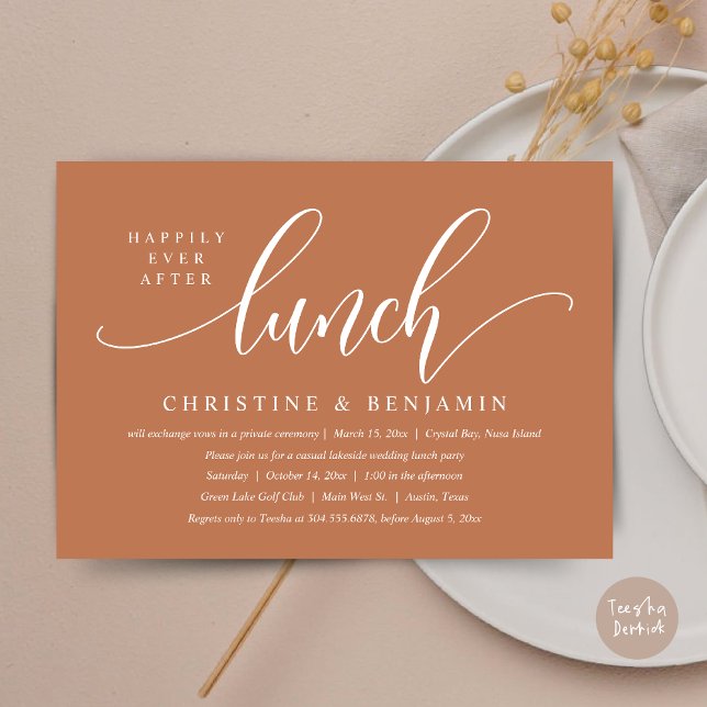 Happily Ever After Lunch Elopement, Modern Script Invitation (Happily Ever After Lunch, Modern Wedding Elopement Invitation Card, PDF, in Copper Rust Brown)