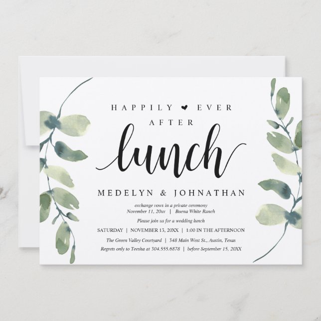 Happily Ever After Lunch, Greenery Rustic Wedding  Invitation (Front)