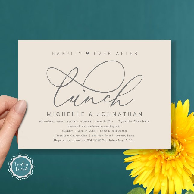 Happily Ever After Lunch, Modern Romantic Party Invitation (Happily Ever After Lunch Invitation Card, PDF, Wedding Elopement, Romantic Heart, Dark Grey Cream)