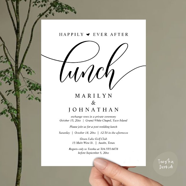 Happily Ever After Lunch, Post Wedding Invitation (Happily Ever After Lunch, Wedding Party Invitation Card PDF Modern Romantic White Black)