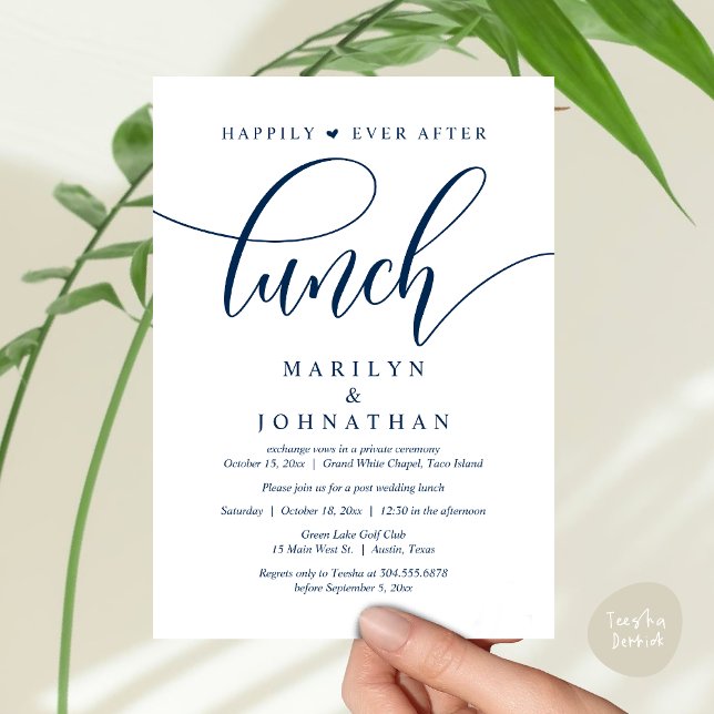Happily Ever After Lunch, Post Wedding Invitation (Happily Ever After Lunch, Wedding Party Invitation Card PDF Modern Romantic Navy Blue)