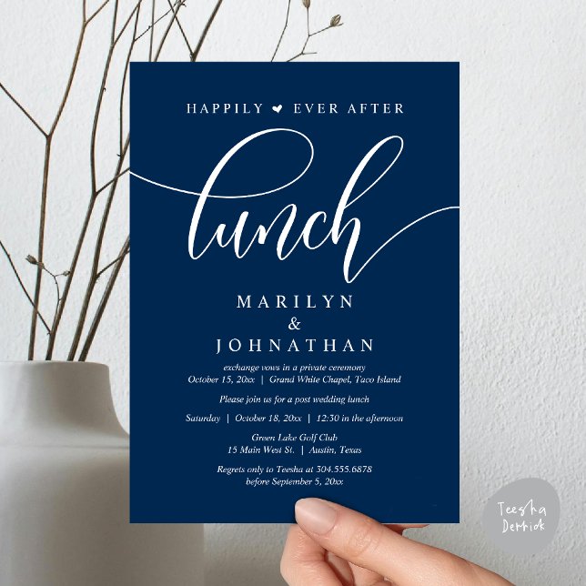 Happily Ever After Lunch, Post Wedding Invitation (Happily Ever After Lunch, Wedding Party Invitation Card PDF Modern Romantic Navy Blue)