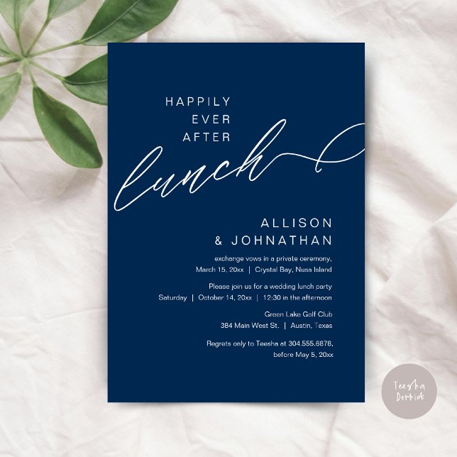 Happily Ever After Lunch, Wedding Navy Blue Invitation (Happily Ever After Lunch, Wedding Elopement Invitation Card, PDF, Modern Classy, in Navy Blue)