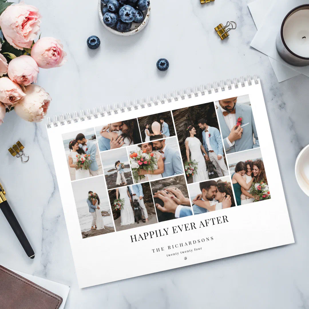 Happily Ever After Minimal Wedding Photo Collage Calendar
