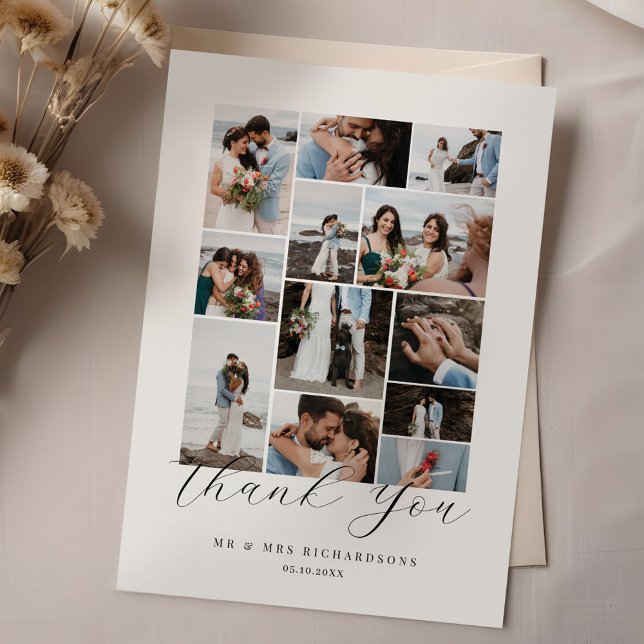 Happily Ever After Minimal Wedding Photo Collage Thank You Card (Happily Ever After Minimal Wedding Photo Collage Thank You Card)