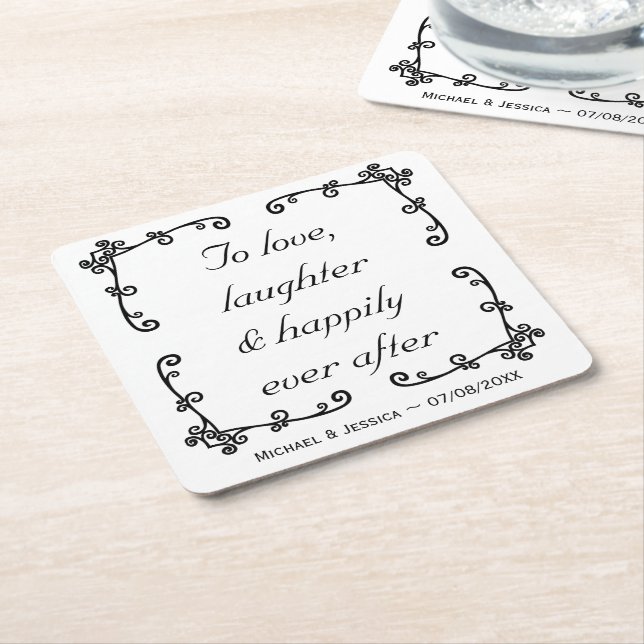 Happily Ever After Minimalist Quote Custom Wedding Square Paper Coaster (Angled)
