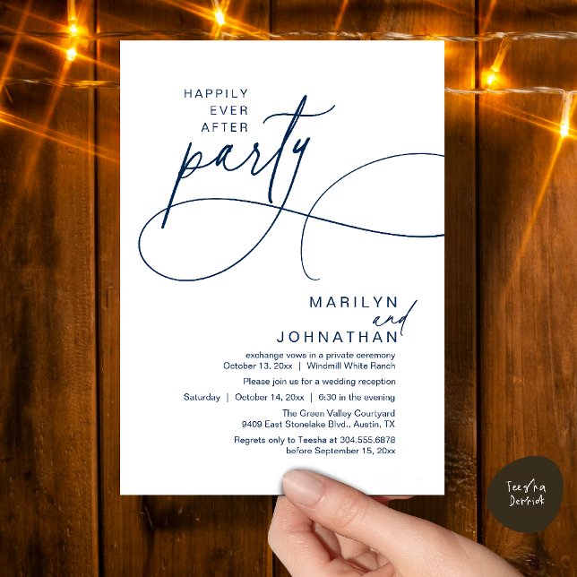 Happily Ever After Modern Elegant Wedding Dinner Invitation (Happily Ever After Modern Elegant Romantic Wedding Reception Dinner Invitation Card in Navy Blue)