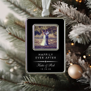 Happily Ever After Modern Elegant Wedding Photo Christmas Ornament